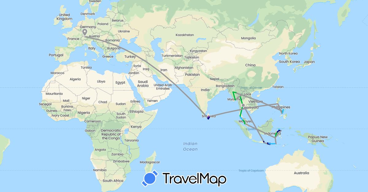 TravelMap itinerary: driving, bus, plane, train, boat in Switzerland, Indonesia, Sri Lanka, Myanmar (Burma), Malaysia, Philippines, Thailand (Asia, Europe)